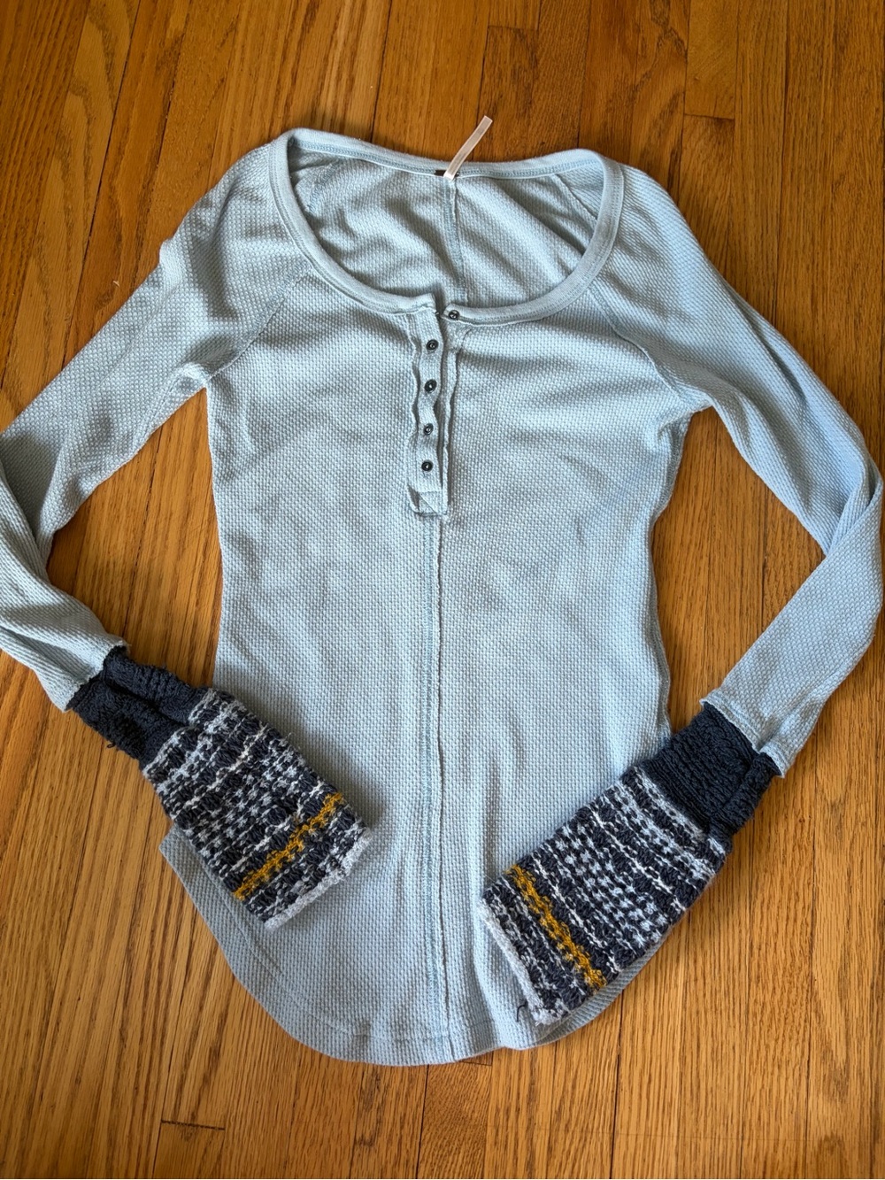 Free People Henley Waffle Knit Top with Embroidered Cuffs